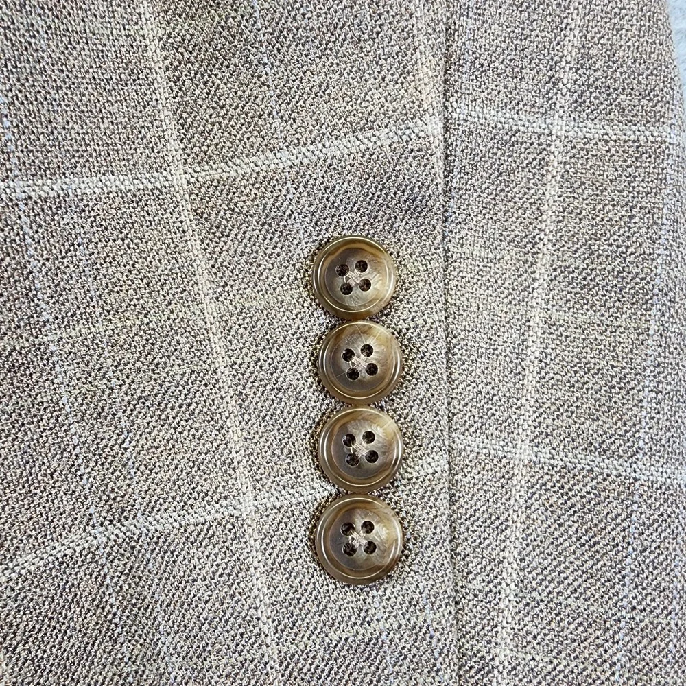 Jos A Bank Mens 43R Tailored Fit Blazer Sport Coat Suit Wool Silk Plaid Tan